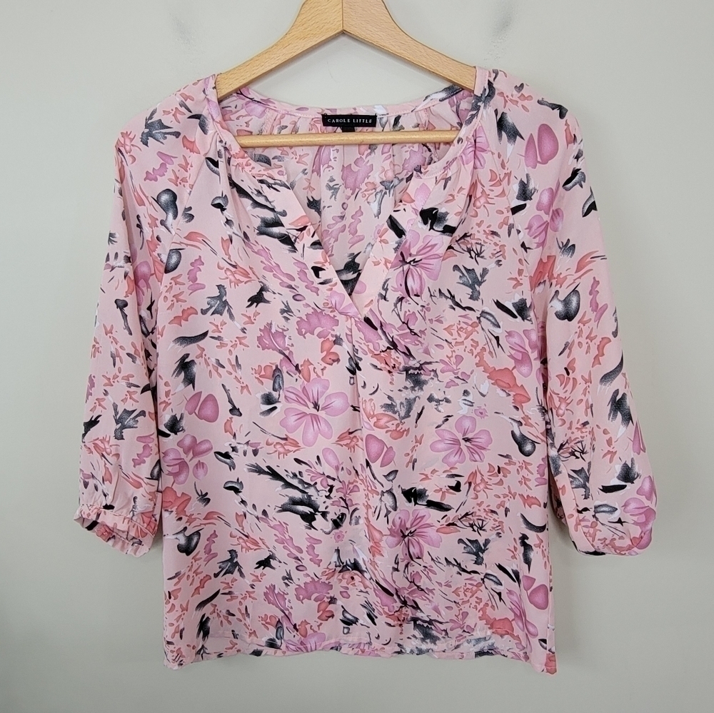 Carole Little Pink Floral V-neck Blouse Size XS